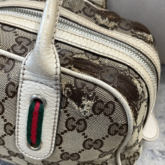 Vintage Gucci Princy GG Monogram Logo Sherry Line Web Shoulder Bag Tan Ivory - Picture 4 of 17